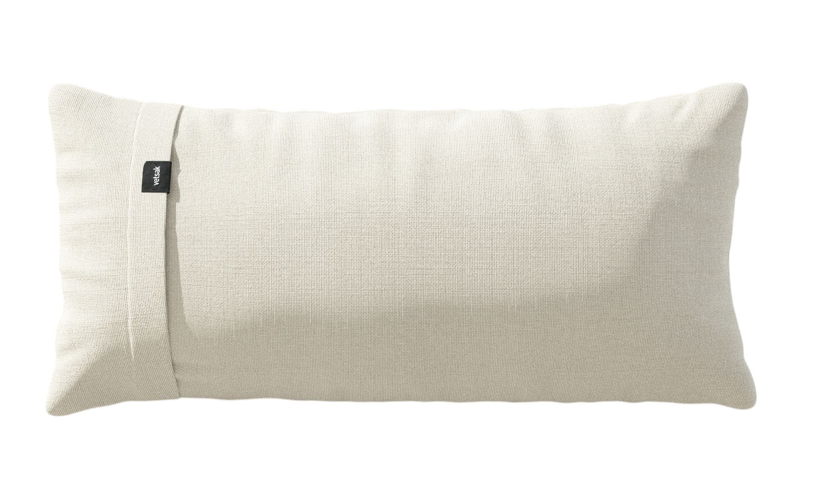 Vetsak Pillow 01 Pique Outdoor Kissen, rechteckig, elfenbeinfarben, mit Textur und kleinem Logo-Etikett.